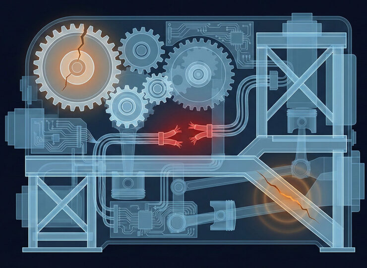 X-ray view revealing hidden faults and broken connections inside a machine, representing a marketing diagnostic exposing invisible problems beneath the surface.