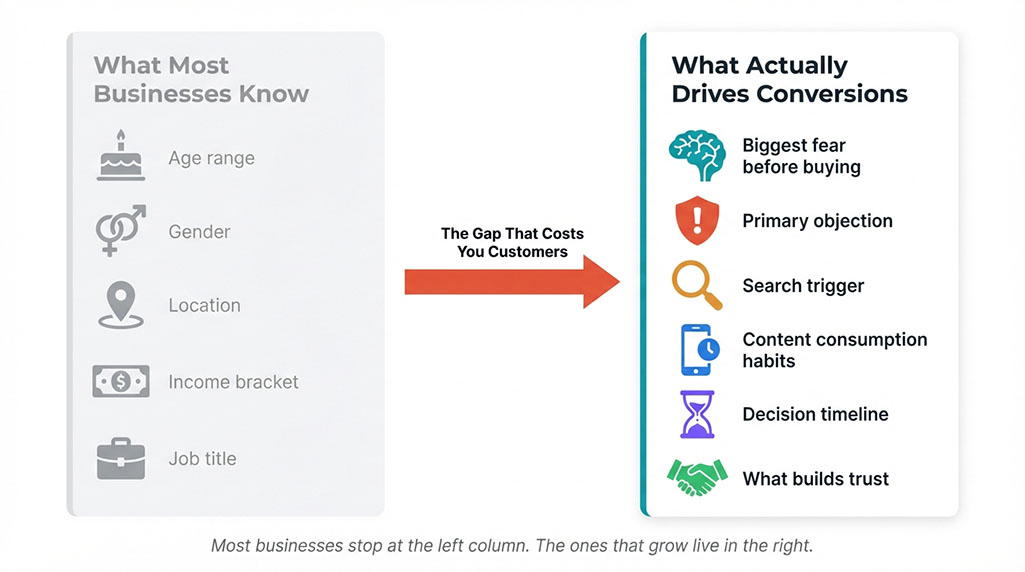 Two-column comparison showing basic demographics like age, gender, and location on one side versus conversion drivers like fears, objections, buying triggers, and decision timelines on the other, with a gap highlighted between them.