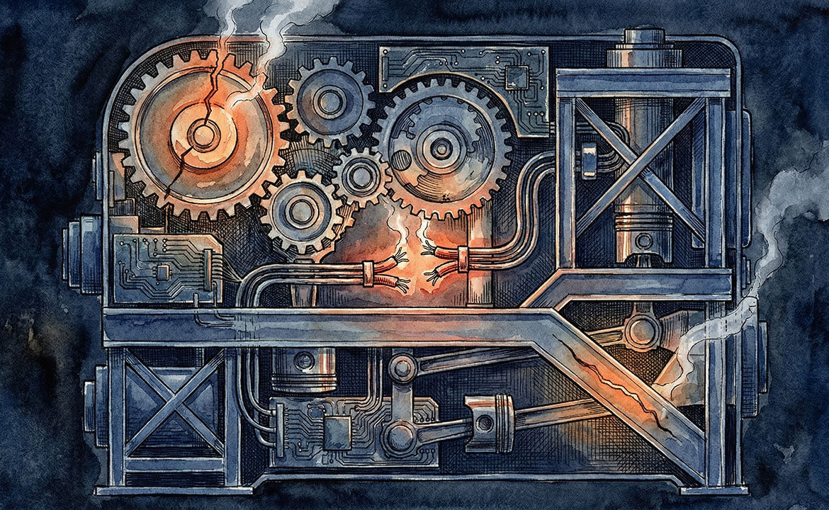 X-ray view revealing hidden faults and broken connections inside a machine, representing a marketing diagnostic exposing invisible problems beneath the surface.