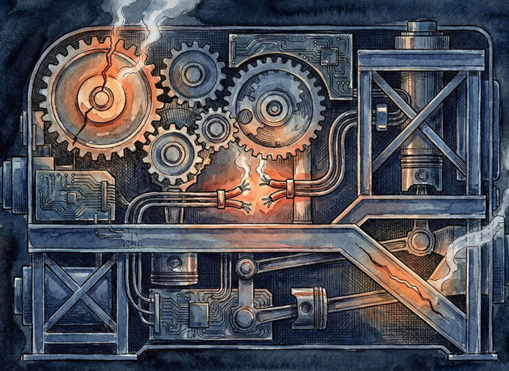 X-ray view revealing hidden faults and broken connections inside a machine, representing a marketing diagnostic exposing invisible problems beneath the surface.
