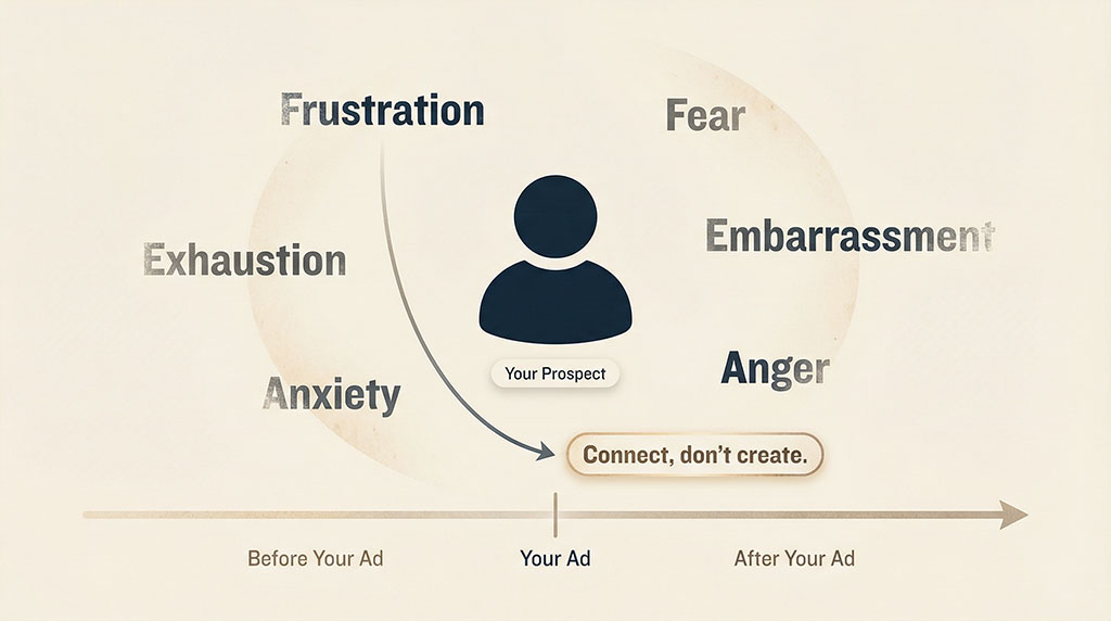 Framework diagram showing the dominant resident emotion concept — the prospect carries anger, fear, frustration, or embarrassment before seeing any ad, and the ad's job is to connect to that pre-existing emotion rather than create a new one