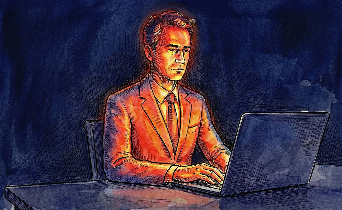 Person sitting calmly at a desk viewed through thermal imaging, revealing intense emotional heat beneath a composed exterior — representing the hidden dominant emotion every prospect carries