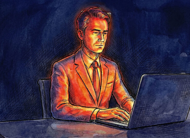 Person sitting calmly at a desk viewed through thermal imaging, revealing intense emotional heat beneath a composed exterior — representing the hidden dominant emotion every prospect carries