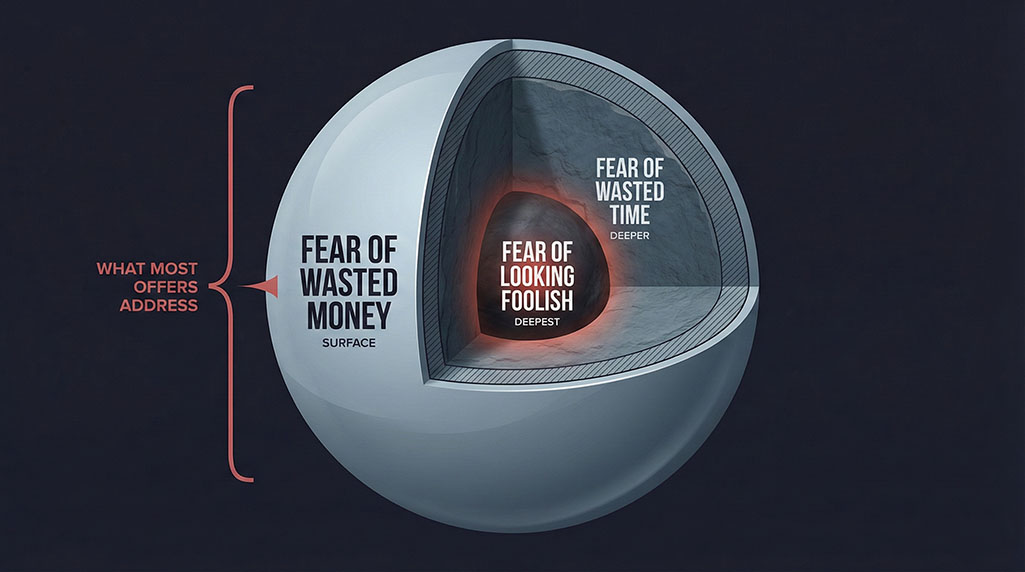 Three concentric circles showing the layers of buyer fear — wasted money on the outside, wasted time in the middle, and fear of looking foolish at the core