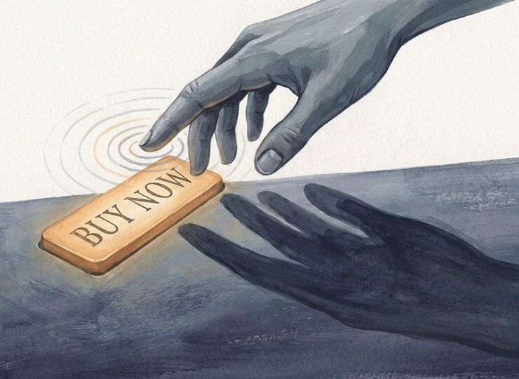 A hand hesitating over a Buy Now button, finger frozen mid-click, capturing the moment of doubt before a purchase decision