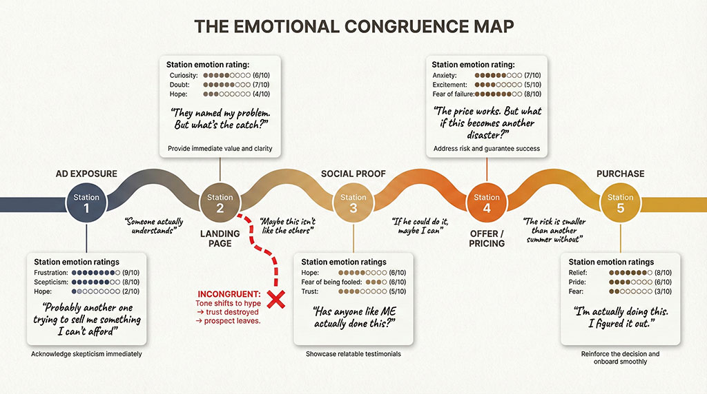 Emotional congruence map showing a prospect's psychological journey across five funnel stages from ad exposure to purchase, with emotion ratings, internal monologue quotes, and messaging guidance at each stage, plus one example of a congruence break where mismatched tone causes the prospect to leave