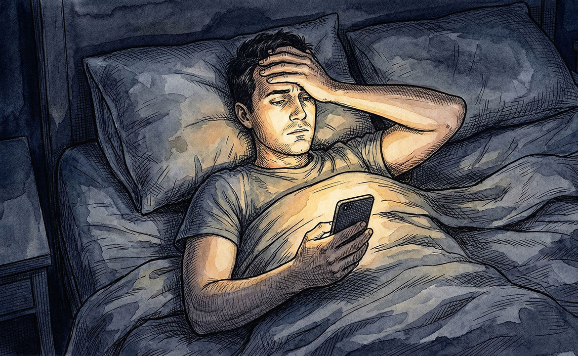 Man lying awake in dark bedroom at night, face lit by phone screen showing calculator app, hand on forehead in frustration