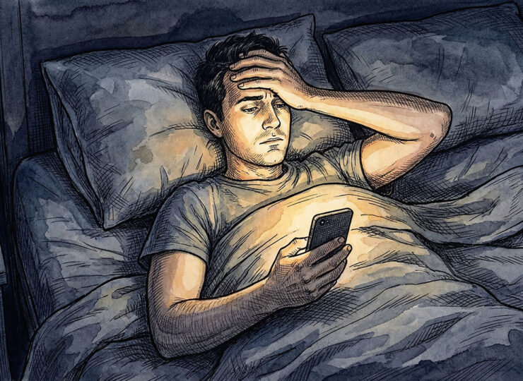 Man lying awake in dark bedroom at night, face lit by phone screen showing calculator app, hand on forehead in frustration