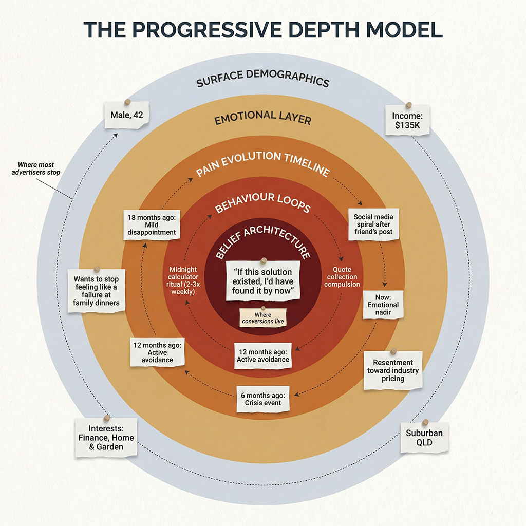 Concentric circle diagram showing five layers of prospect research from shallow to deep — Surface Demographics on the outer ring, moving inward through Emotional Layer, Pain Evolution Timeline, and Behaviour Loops, to Belief Architecture at the centre — with example data points at each level