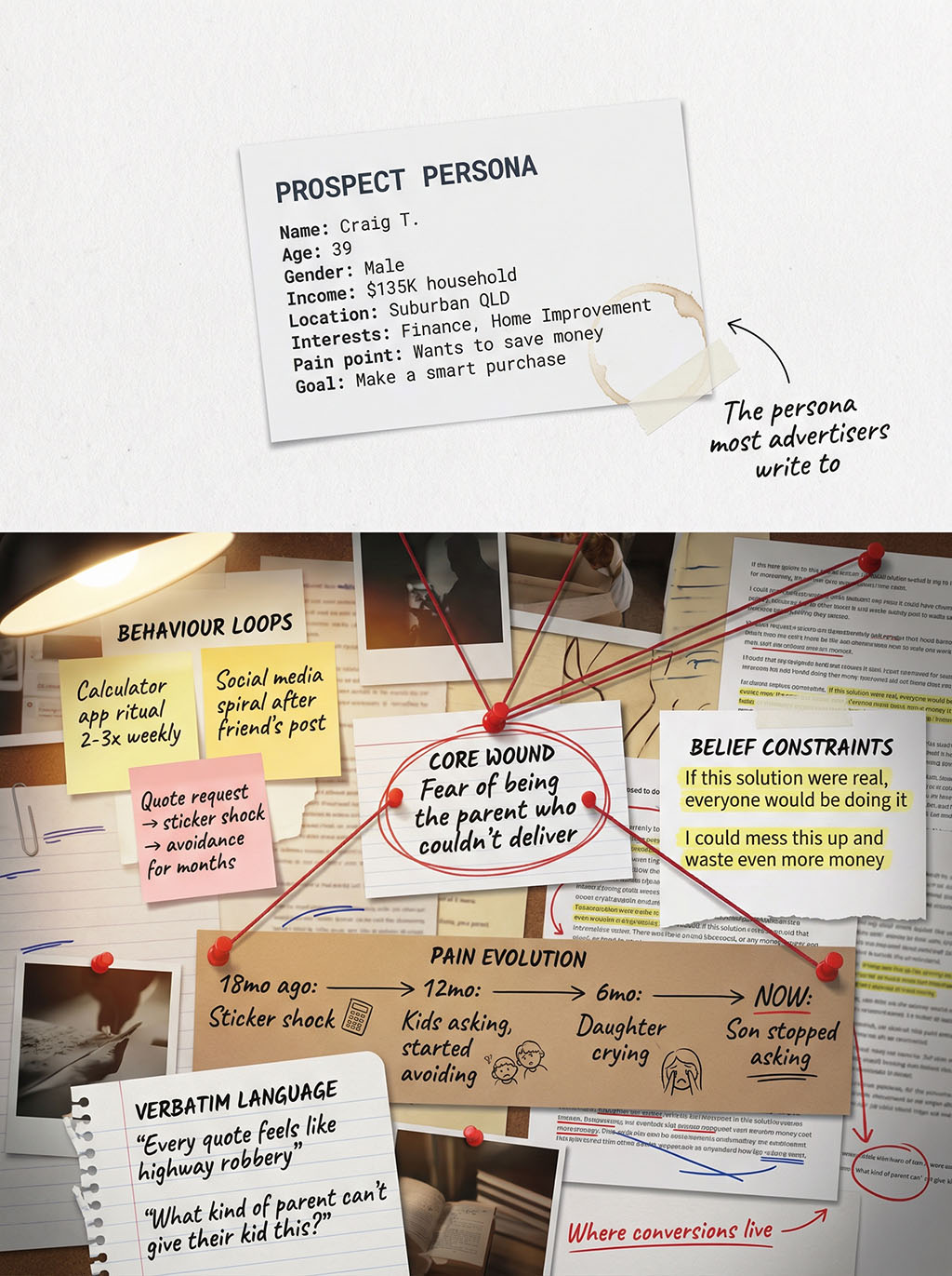 Comparison showing a thin, sterile persona card with basic demographics pinned above a dense, layered research wall covered in sticky notes, behaviour loop diagrams, verbatim customer quotes, a pain evolution timeline, and emotional state ratings — illustrating the difference between shallow audience profiles and deep prospect visualisation