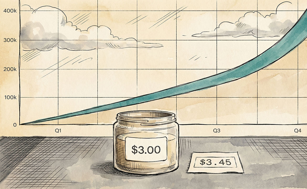 A product jar priced at $3 with an acquisition cost of $3.45, with a rising revenue trend in the background — illustrating how a per-unit loss can drive massive business growth.