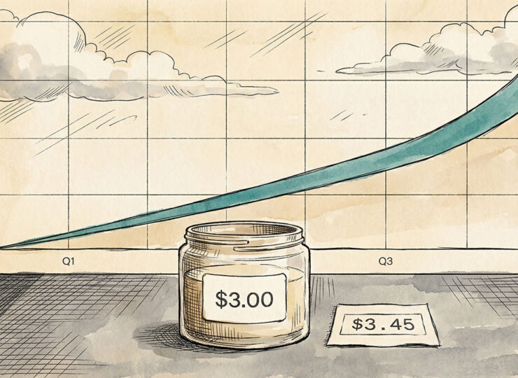 A product jar priced at $3 with an acquisition cost of $3.45, with a rising revenue trend in the background — illustrating how a per-unit loss can drive massive business growth.