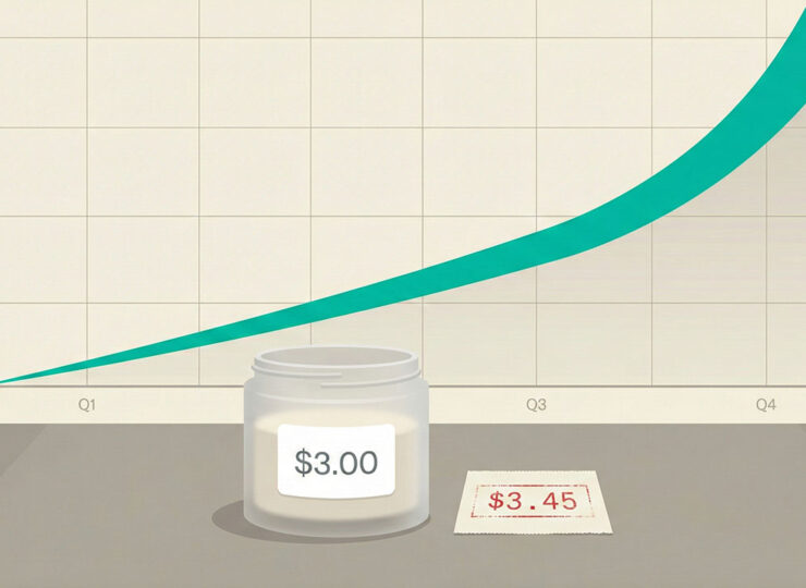 A product jar priced at $3 with an acquisition cost of $3.45, with a rising revenue trend in the background — illustrating how a per-unit loss can drive massive business growth.