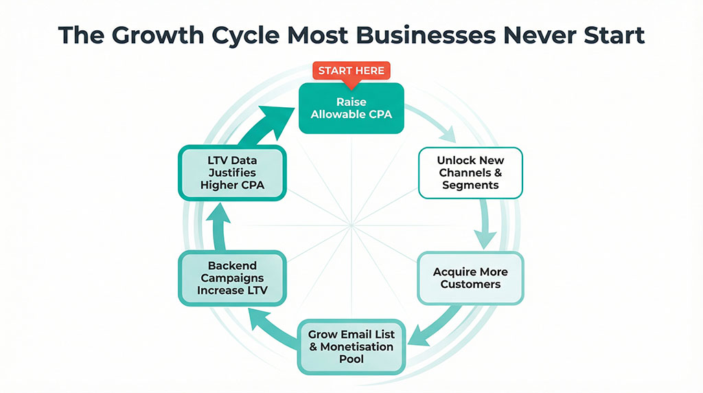 Circular flywheel diagram showing six stages: raise CPA, unlock new channels, acquire more customers, grow monetisation pool, increase LTV, which justifies raising CPA again — a self-reinforcing growth cycle.