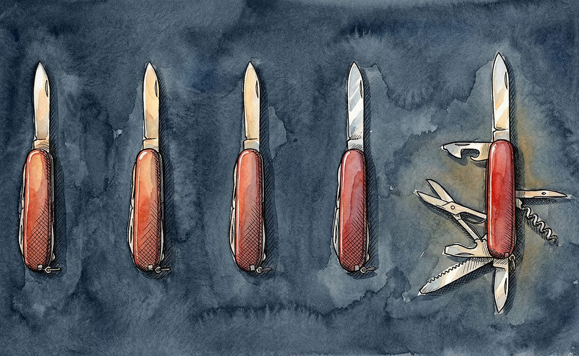 Row of identical Swiss Army knives each with only one blade open, next to a single knife with multiple different tools extended