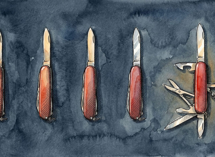 Row of identical Swiss Army knives each with only one blade open, next to a single knife with multiple different tools extended