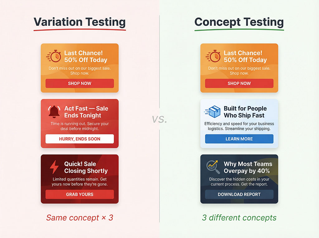 Comparison showing variation testing (three urgency headlines that test the same concept) versus concept testing (three ads testing urgency, identity, and exposé angles)