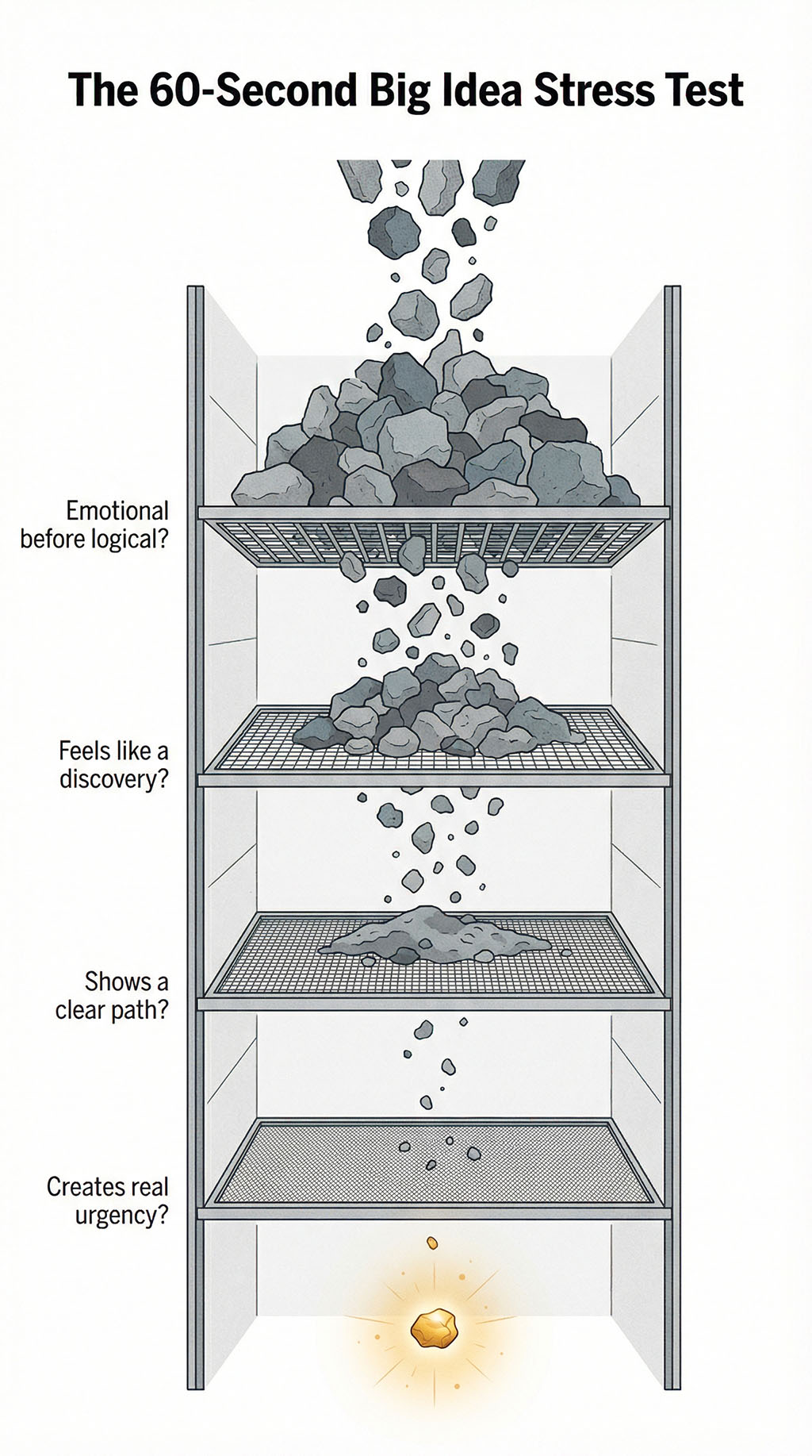 Vertical cross-section illustration of four stacked filter stages with rough material entering at the top, each stage filtering out more, and a single glowing golden nugget emerging at the bottom, representing the four-part stress test a big idea must pass.