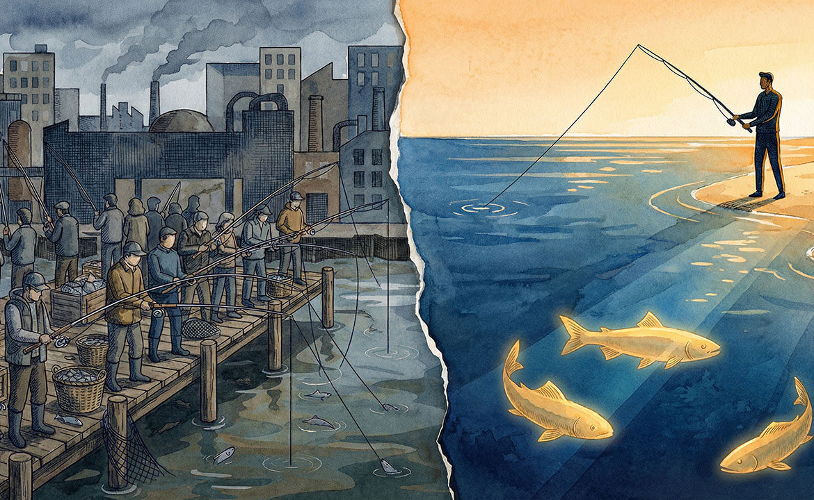 Split illustration: multiple fishing rods crowding a small pond on the left versus a single figure fishing in a vast open ocean on the right, representing the difference between competing for existing buyers and unlocking a new market with a big idea.