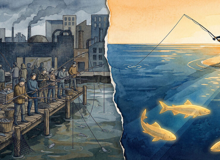 Split illustration: multiple fishing rods crowding a small pond on the left versus a single figure fishing in a vast open ocean on the right, representing the difference between competing for existing buyers and unlocking a new market with a big idea.