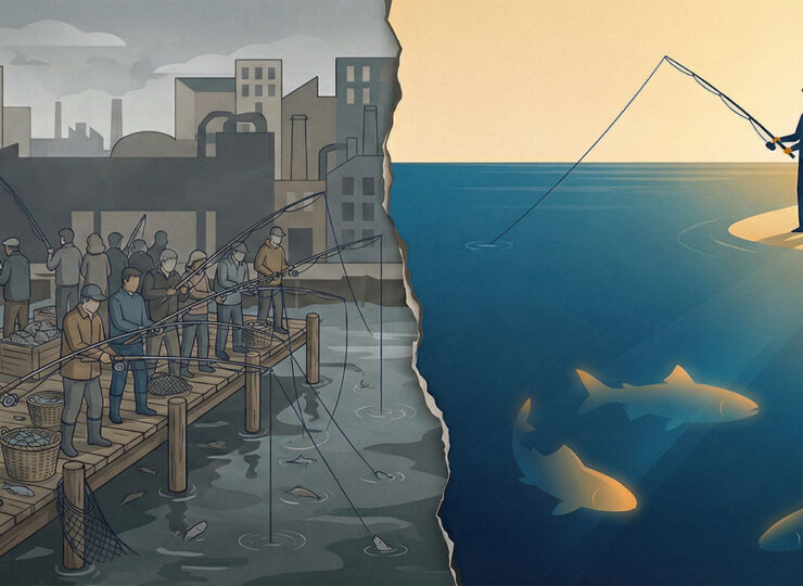 Split illustration: multiple fishing rods crowding a small pond on the left versus a single figure fishing in a vast open ocean on the right, representing the difference between competing for existing buyers and unlocking a new market with a big idea.