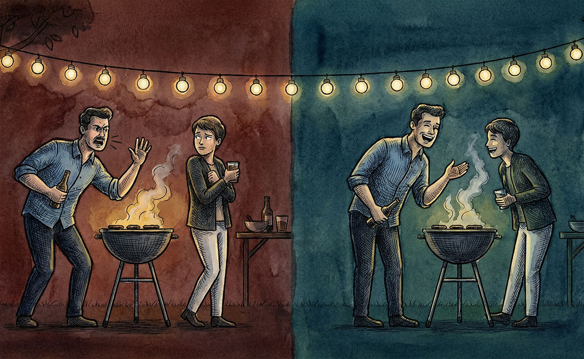 Split illustration of a barbecue party — left side shows an awkward pitch being ignored, right side shows an engaged conversation. Visual metaphor for starting ads at the right awareness level