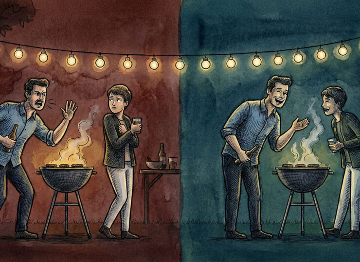 Split illustration of a barbecue party — left side shows an awkward pitch being ignored, right side shows an engaged conversation. Visual metaphor for starting ads at the right awareness level