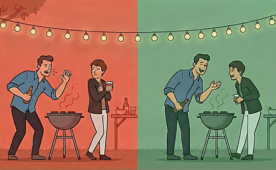 Split illustration of a barbecue party — left side shows an awkward pitch being ignored, right side shows an engaged conversation. Visual metaphor for starting ads at the right awareness level