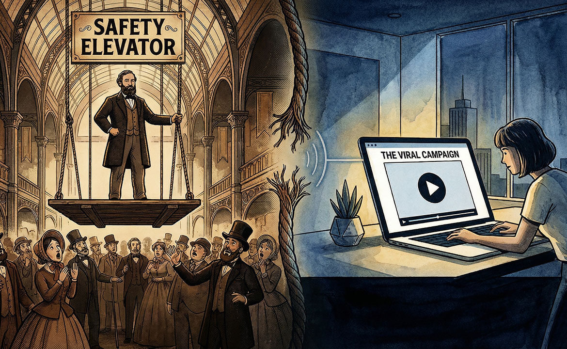 Split illustration: on the left, Elisha Otis stands on an elevator platform in 1854 with a severed rope above him and a gasping crowd below; on the right, a modern viewer watches a product demonstration on a laptop screen. The two eras are connected by a single vertical line.