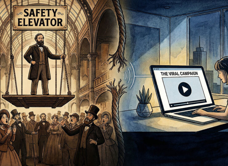 Split illustration: on the left, Elisha Otis stands on an elevator platform in 1854 with a severed rope above him and a gasping crowd below; on the right, a modern viewer watches a product demonstration on a laptop screen. The two eras are connected by a single vertical line.