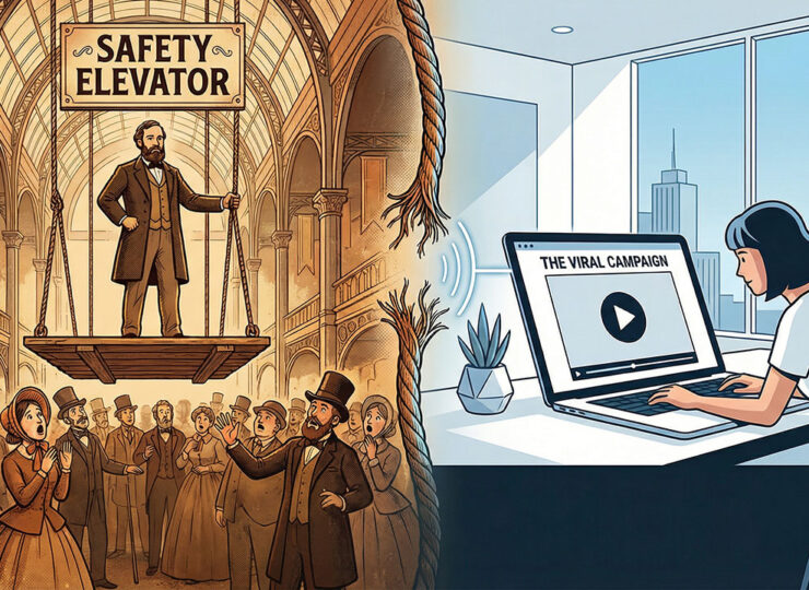 Split illustration: on the left, Elisha Otis stands on an elevator platform in 1854 with a severed rope above him and a gasping crowd below; on the right, a modern viewer watches a product demonstration on a laptop screen. The two eras are connected by a single vertical line.