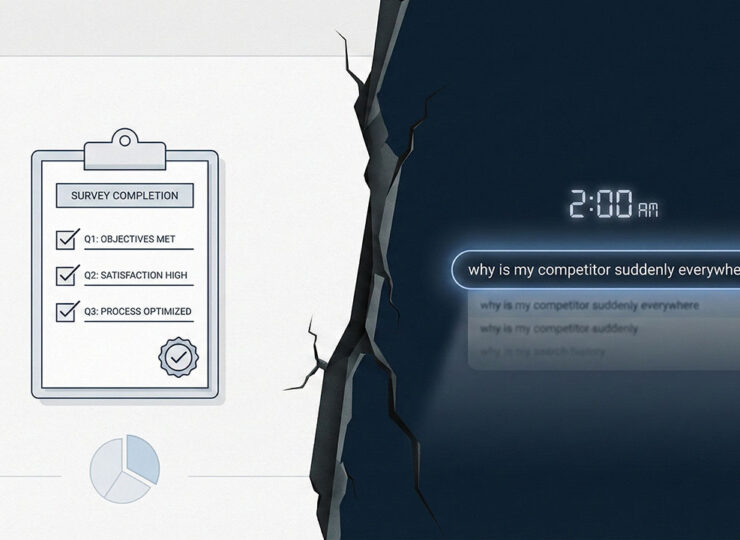 Split illustration contrasting a tidy survey form with checkboxes for Price, Features, and Brand against a dark 2 AM browser search for "why is my competitor suddenly everywhere" — representing the gap between what customers say and what they actually feel.