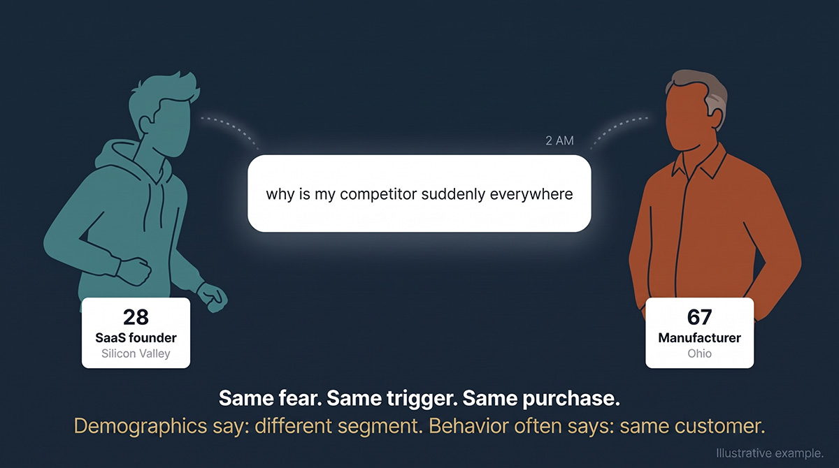 Illustration of two people, a 28-year-old SaaS founder and a 67-year-old manufacturer, shown typing the same late-night search about a competitor. An illustrative example of how buyers in different demographic segments can share the same underlying trigger.
