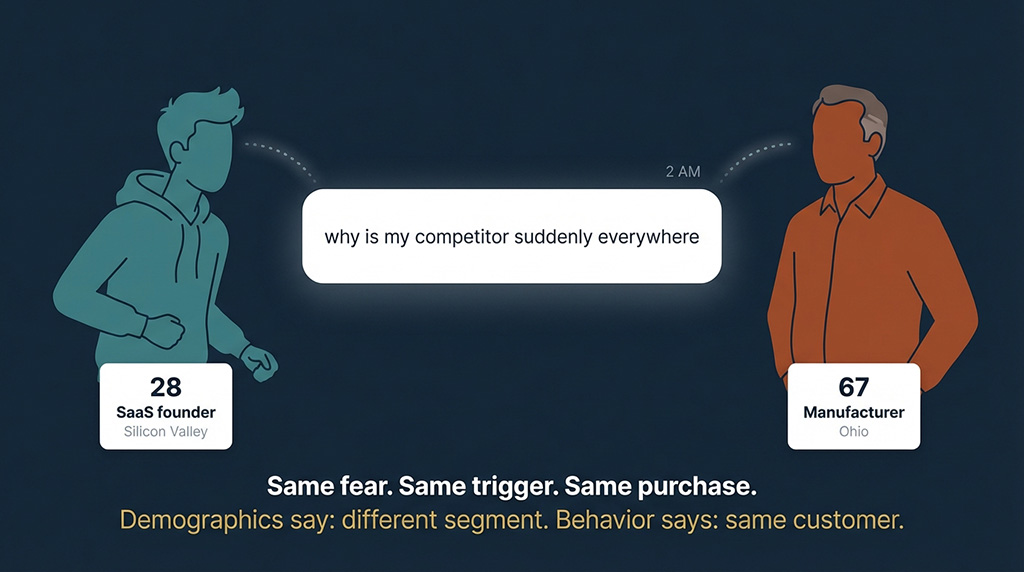 Two contrasting figures — a 28-year-old SaaS founder and a 67-year-old manufacturer — connected by an identical Google search: "why is my competitor suddenly everywhere." Demographics say different segments; behavior says the same customer.
