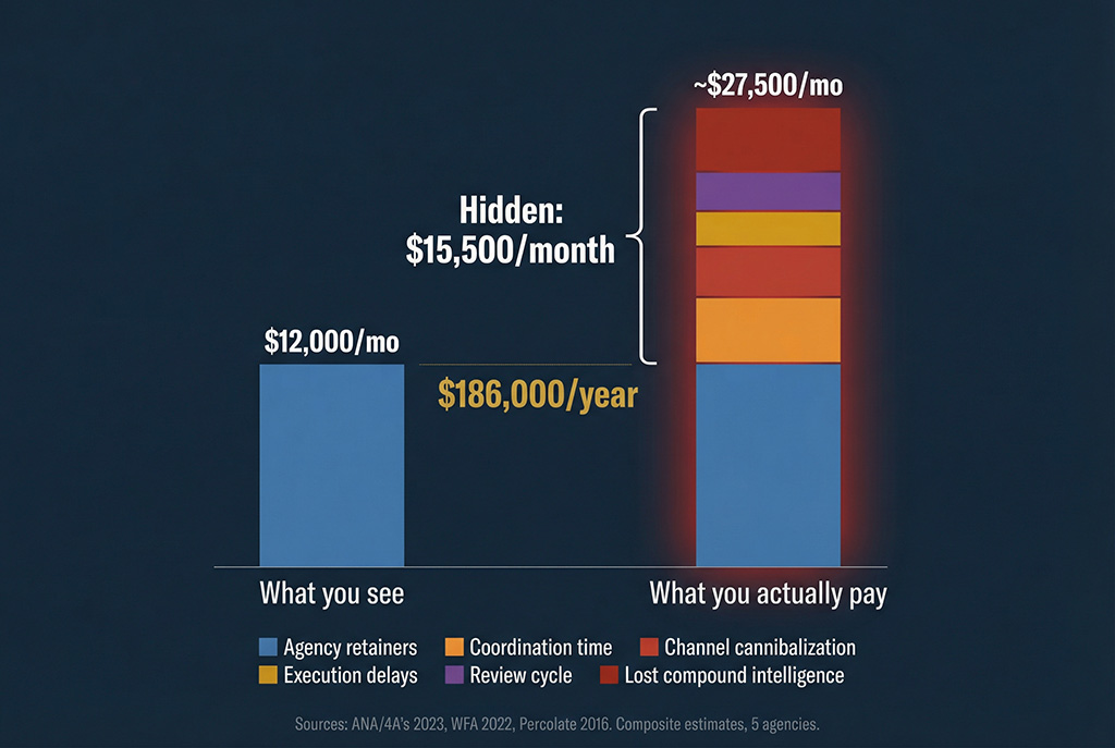 Stacked bar chart comparing visible monthly agency costs of $12,000 against true costs of approximately $27,500 including coordination time, channel cannibalization, execution delays, amortized review costs, and lost compound intelligence — a hidden tax of $15,500 per month or $186,000 annually.