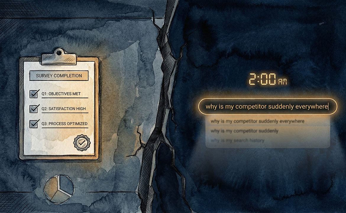 Split illustration contrasting a tidy survey form with checkboxes for Price, Features, and Brand against a dark 2 AM browser search for "why is my competitor suddenly everywhere" — representing the gap between what customers say and what they actually feel.