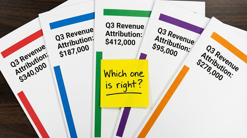 Overhead view of a desk covered in five overlapping agency invoices showing contradictory performance metrics, with an untouched calculator in the center.