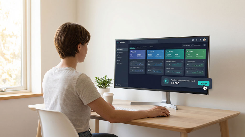 A person viewed from behind sitting at a single wide monitor showing a unified marketing dashboard, with a notification reading 'Audience overlap detected: 40,000' and a merge button visible on screen.