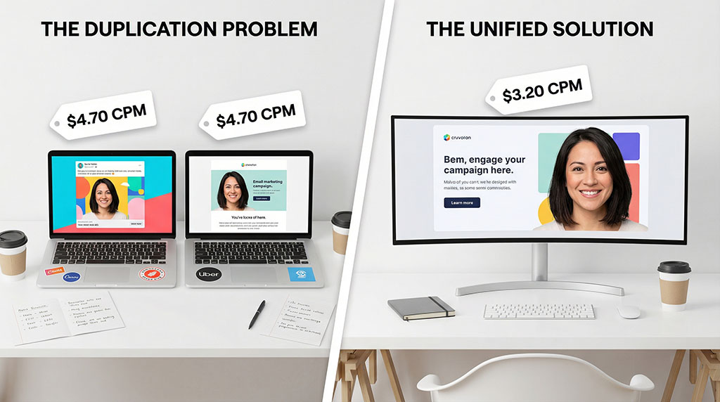 Split image: left side shows the same customer appearing on two separate agency screens with duplicate targeting costs; right side shows the same customer on one unified screen with a single optimized campaign.