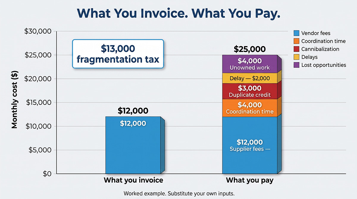 Stacked bar chart comparing $12,000 in monthly supplier fees against a $25,000 true monthly cost, with the difference broken into coordination time, duplicate credit, delay and unowned work. Labelled as a worked example.