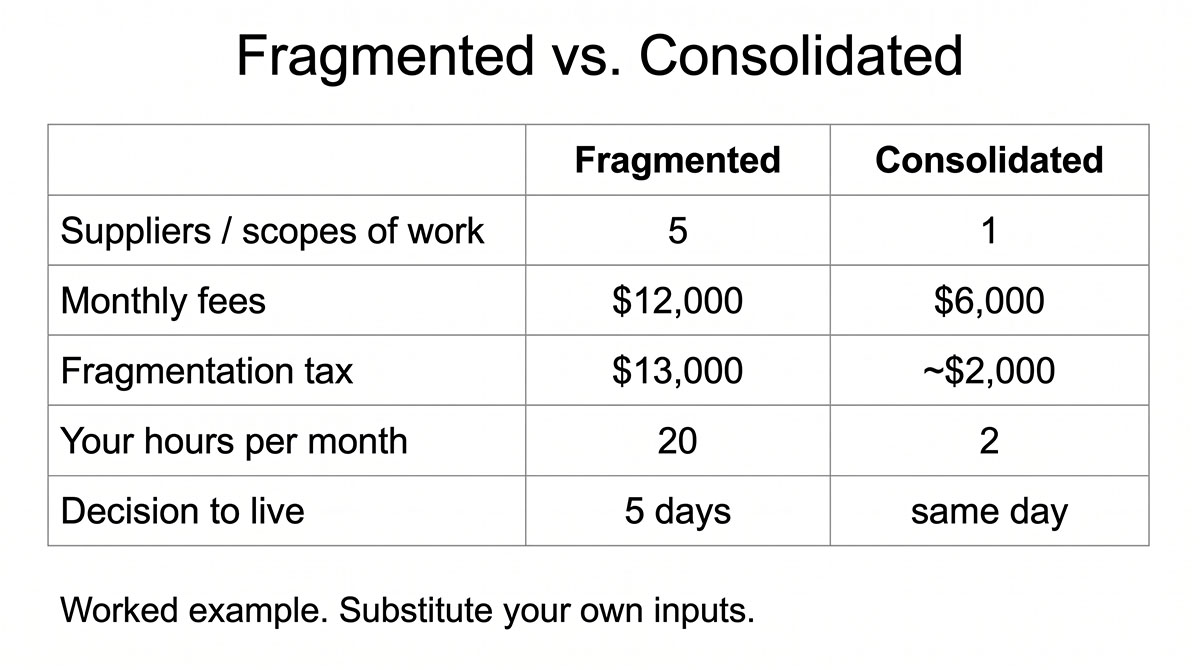 Two-column table comparing fragmented marketing against a consolidated setup across suppliers, monthly fees, fragmentation tax, owner hours and decision-to-live time. Labelled as a worked example.