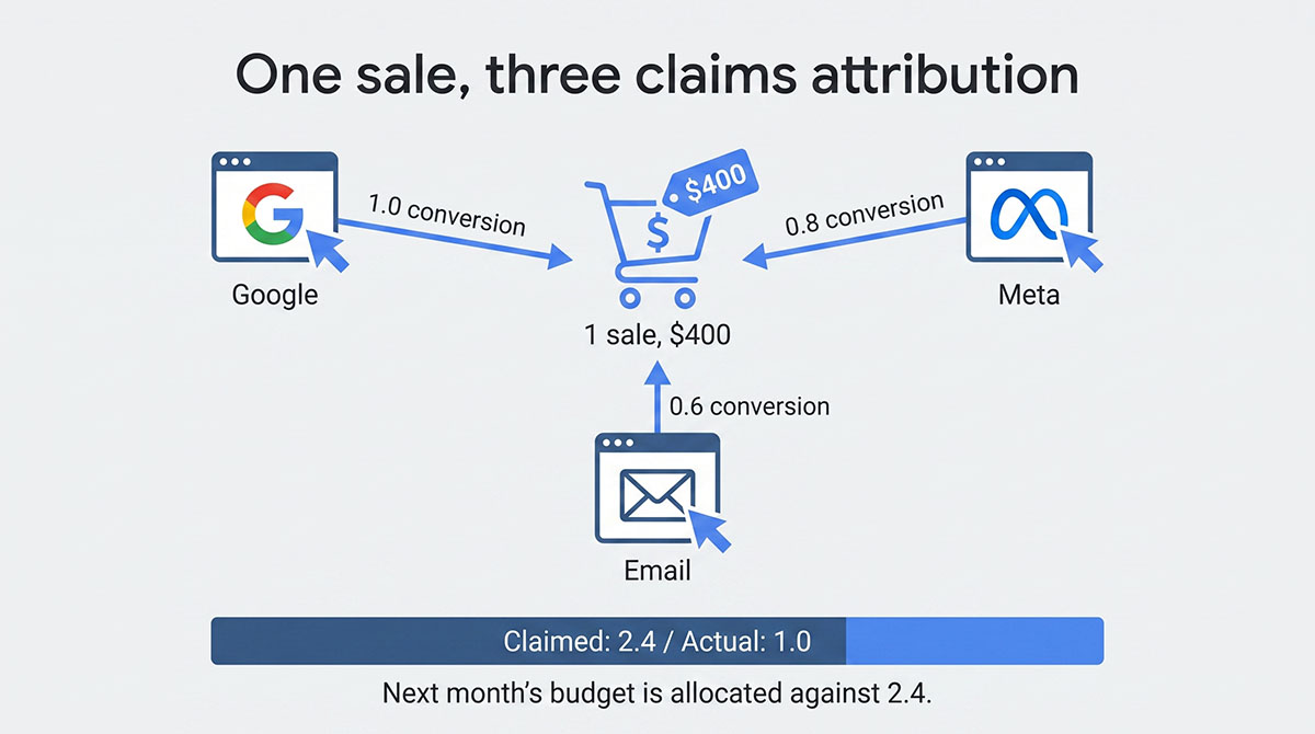 Diagram showing one customer order at the centre with three advertising platforms each claiming partial credit for it, totalling 2.4 claimed conversions against one actual sale.