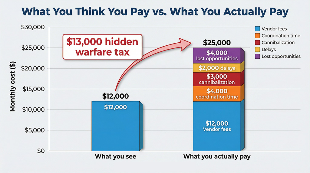 Stacked bar chart showing visible vendor costs of $12,000 versus true costs of $25,000 when including coordination time, cannibalization, delays, and lost opportunities