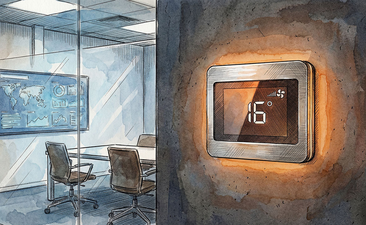 Thermostat display set to 16 degrees with fan on maximum — representing the counterproductive instinct to push marketing systems harder instead of calibrating them.