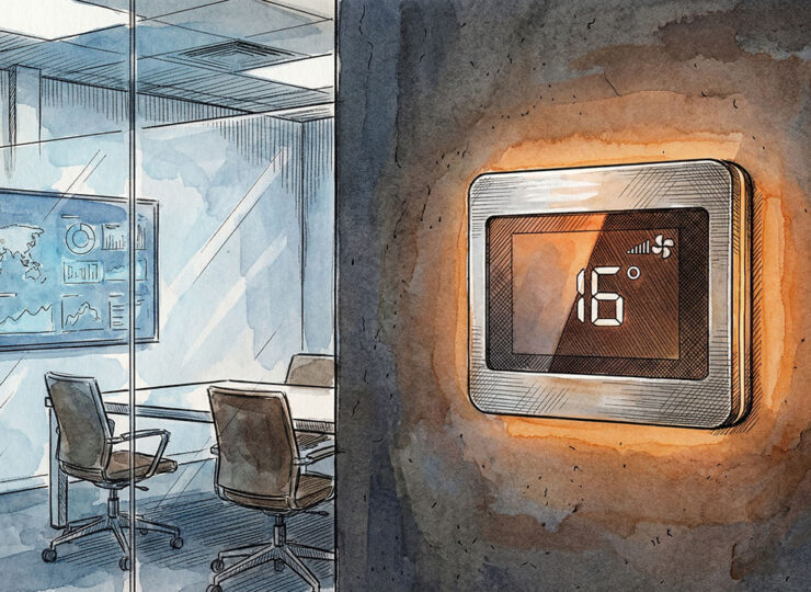 Thermostat display set to 16 degrees with fan on maximum — representing the counterproductive instinct to push marketing systems harder instead of calibrating them.