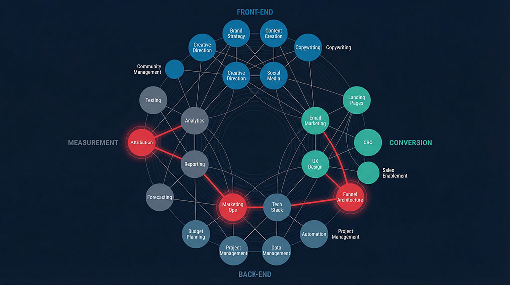 [VISUAL BRIEF: Ecosystem Diagram — Circular diagram showing all 22 skills as interconnected nodes, grouped into four clusters (Front-End, Conversion, Back-End, Measurement). Lines connecting them show dependencies. Three nodes highlighted in red showing "typical gaps" — Purpose: Show that these aren't a checklist but an interconnected system where gaps create cascading failures]
