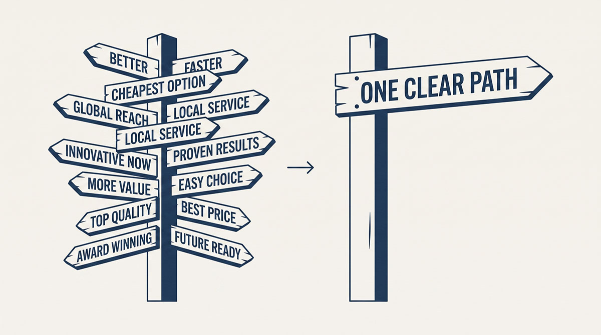 A signpost with twelve arms pointing different ways beside the same post with a single arm and a single direction.