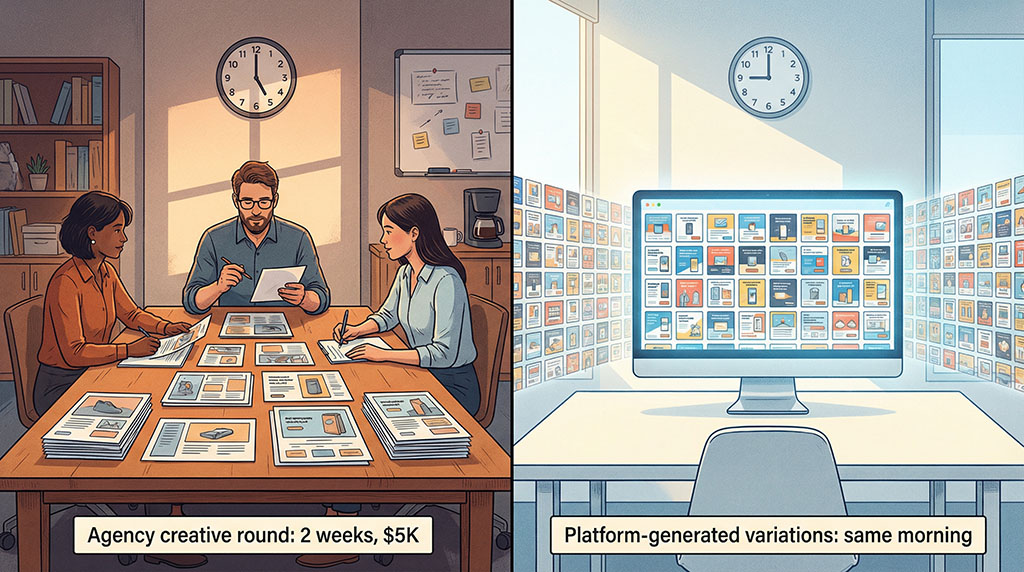 Split illustration — left shows a small team with 15 ad mockups after two weeks of work, right shows a screen displaying hundreds of AI-generated variations created the same morning