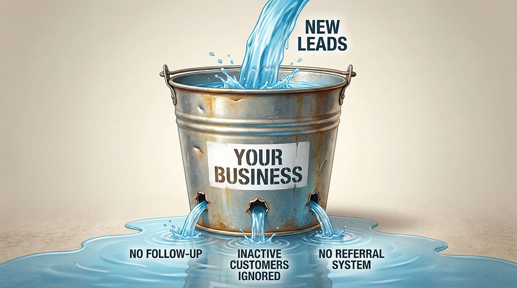 Diagram of a bucket labeled 'Your Business' with water pouring in from the top representing new leads, but draining out through three holes in the bottom: No Follow-Up, Inactive Customers Ignored, and No Referral System — showing why the water level stays low despite heavy inflow