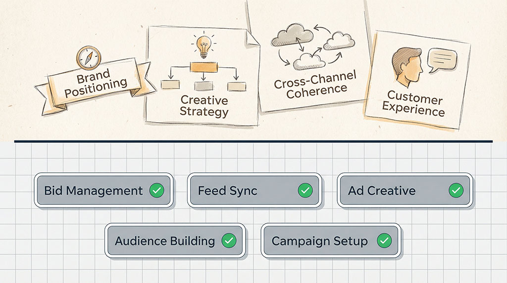 Illustration split by a horizontal line — below shows automated tasks like bid management and feed sync with green indicators, above shows human strategy work like brand positioning and creative strategy still unresolved